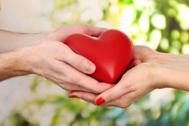 kadın ve adam ellerini, yeşil zemin üzerine kırmızı kalp