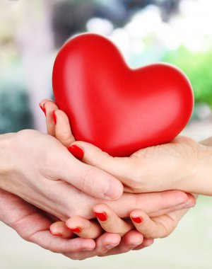 kadın ve adam ellerini, yeşil zemin üzerine kırmızı kalp