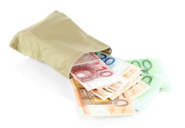 ile üzerine beyaz izole farklı euro banknot para çantası