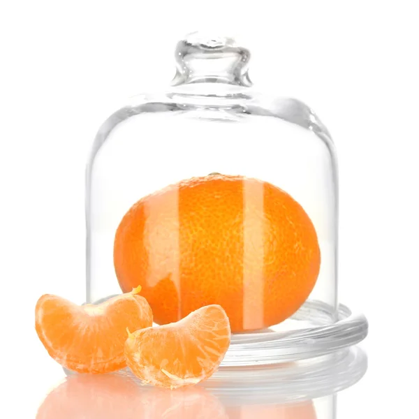 Mandarinka na talíř pod skleněným krytem izolované na bílém — Stock fotografie