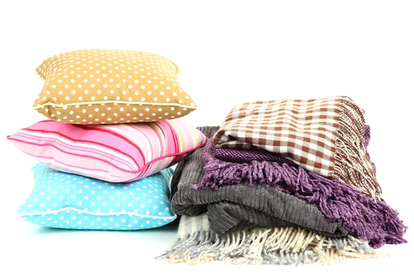 Plaids and color pillows, isolated on white — Stock Photo, Image