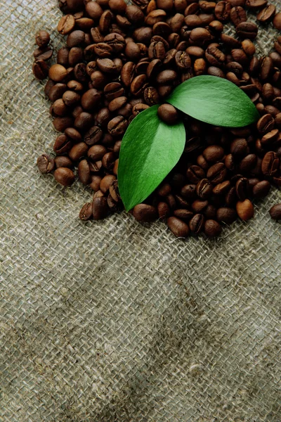 Кофейные зерна с листьями на мешковатом фоне — стоковое фото