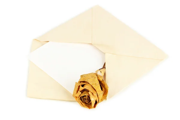 Старий конверт з чистим папером із сушеною трояндою ізольовано на білому — стокове фото