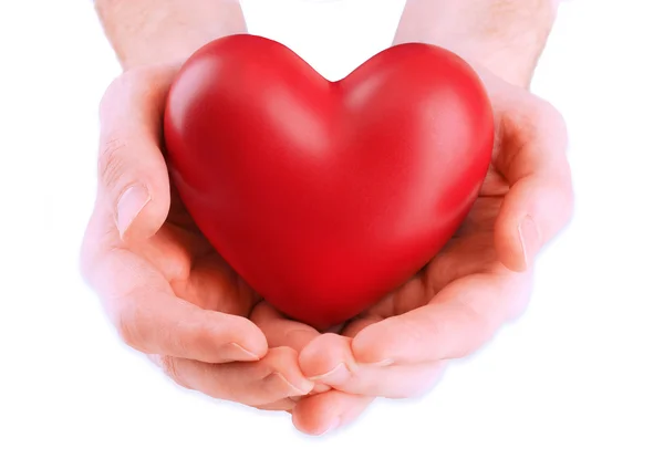 Red heart in man hands, isolated on white — Stock Photo, Image
