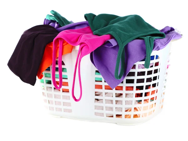 Clothes in plastic basket isolated on white — Stock Photo, Image