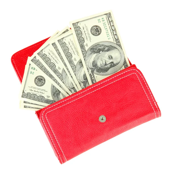 Purse with hundred dollar banknotes, isolated on white — Stock Photo, Image