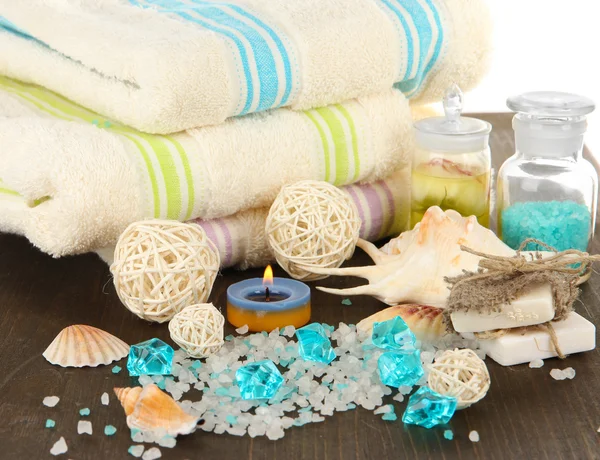 Sea spa elements on wooden table close up — Stock Photo, Image