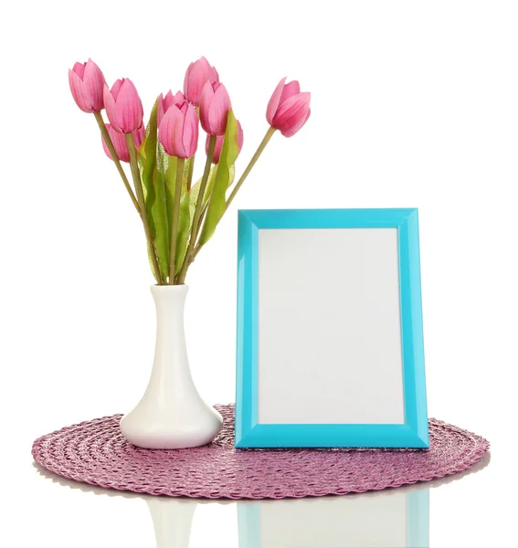 Colorful photo frame and flowers isolated on white — Stock Photo, Image