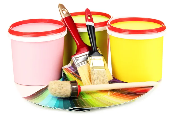 Set for painting: paint pots, brushes, palette of colors isolated on white — Stock Photo, Image