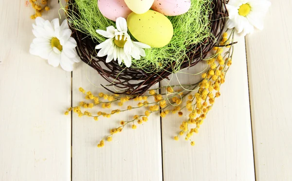 Huevos de Pascua en nido y flores mimosas, sobre fondo de madera blanca —  Fotos de Stock
