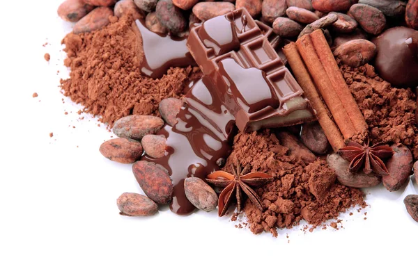 Состав шоколадных конфет, какао и специй, изолированных на белом — стоковое фото