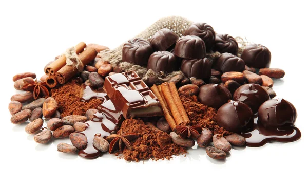초콜릿 과자, 코코아, 향신료, 흰색 절연의 구성 — 스톡 사진