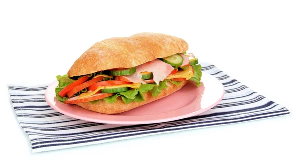 Sandwich frais et savoureux au jambon et légumes isolés sur blanc — Photo