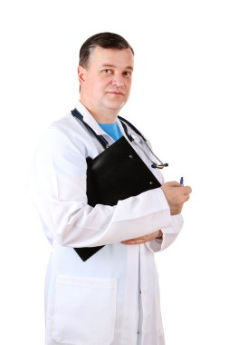 tıbbi doktor stetoskop ve üzerinde beyaz izole Pano
