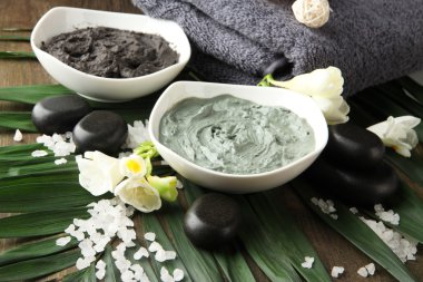 palmiye yaprak zemin üzerine spa uygulamaları için kozmetik kil ile kompozisyon