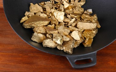 Gold pan with golden nuggets inside on wooden background clipart