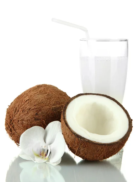 Cocos com copo de leite, isolados sobre branco — Fotografia de Stock