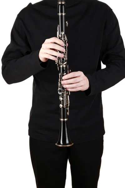 Musicista che suona su clarinetto isolato su bianco — Foto Stock