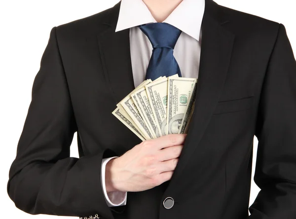 Hombre de negocios escondiendo dinero en el bolsillo aislado en blanco — Foto de Stock