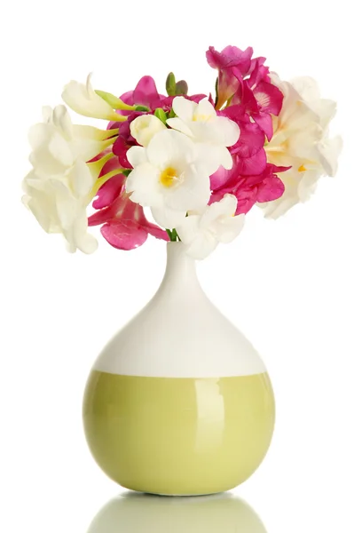 Beautiful bouquet of freesias in vase, isolated on white — Stock Photo, Image