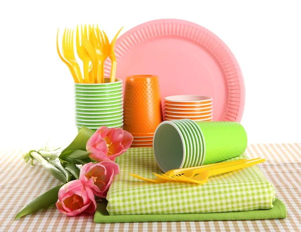 Multicolored plastic tableware isolated on white — Stock Photo, Image