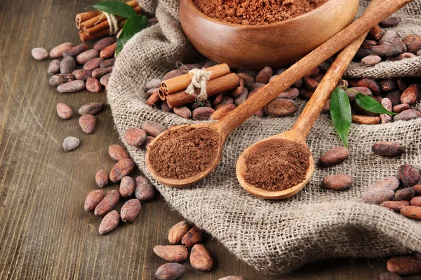 Cocoa powder and cocoa beans on wooden background — Stock Photo, Image