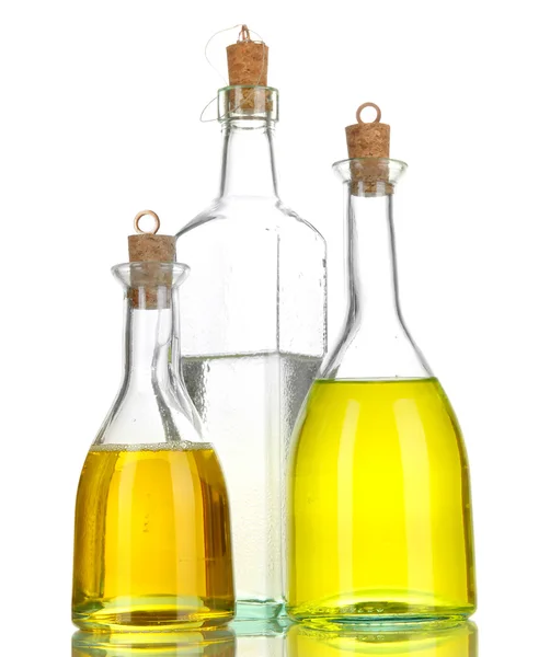 Original Glasflaschen mit Salatdressing isoliert auf weiß — Stockfoto