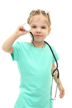 oyuncak ayı, üzerinde beyaz izole ile küçük kız doktor