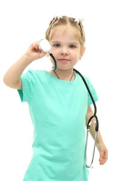 Liten flicka läkare med leksak Björn, isolerad på vit — Stockfoto