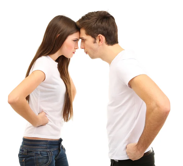 Jovem casal brigando isolado no branco — Fotografia de Stock