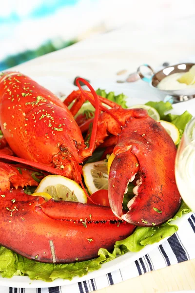 Red lobster on platter on serving table close-up — Stock Photo, Image