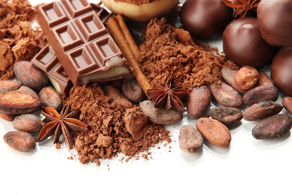 Composition de bonbons au chocolat, cacao et épices, isolés sur blanc — Photo