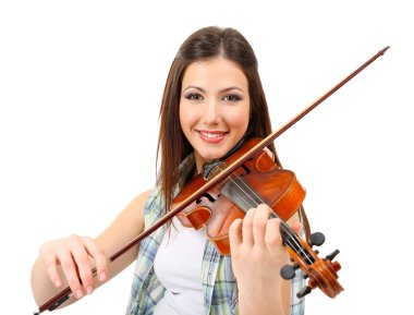 güzel genç kız ile keman, üzerinde beyaz izole