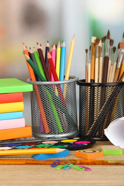 School supplies on wooden table — Stock Photo, Image