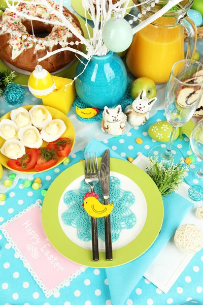 Serving Easter table with tasty dishes close-up — Stock Photo, Image