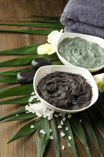 Composição com argila cosmética para tratamentos de spa, sobre fundo de folha de palma — Fotografia de Stock