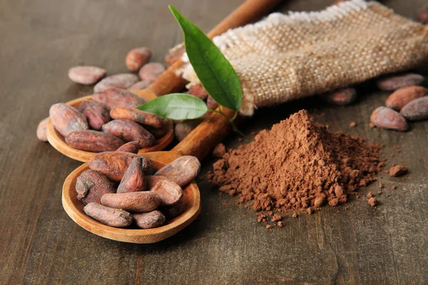 Cacaobonen in lepels en poeder van de cacao op houten achtergrond — Stockfoto