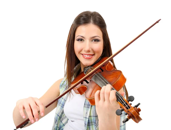 Hermosa joven con violín, aislada en blanco — Foto de Stock