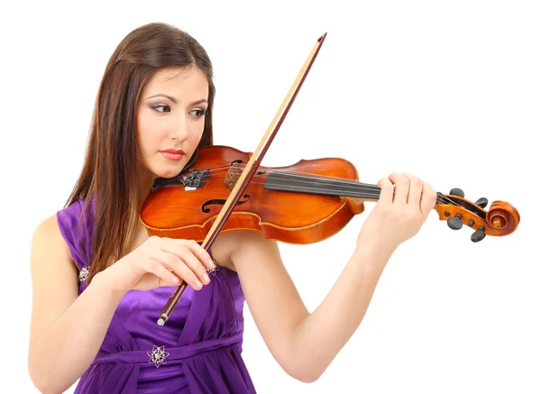 Hermosa joven con violín, aislada en blanco — Foto de Stock