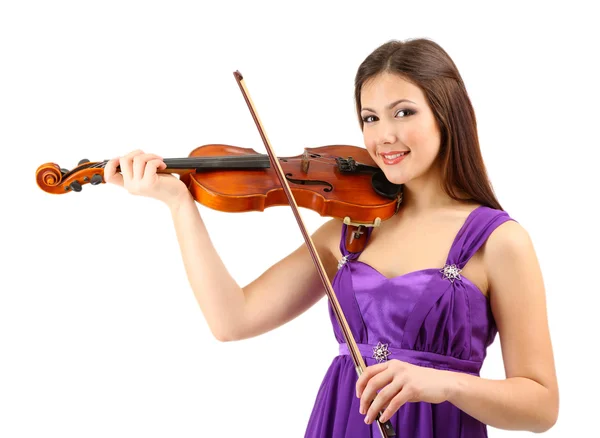 Beautiful young girl with violin, isolated on white — Stock Photo, Image