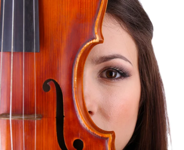 Hermosa joven con violín, aislada en blanco —  Fotos de Stock