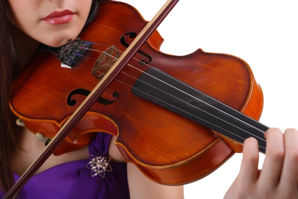 Красивая молодая девушка со скрипкой, изолированная на белом — стоковое фото