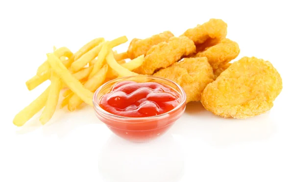 Fried chicken nuggets with french fries and sauce isolated on white — Stock Photo, Image