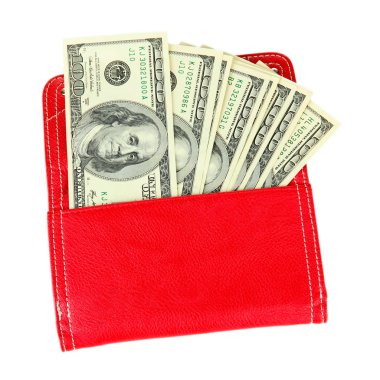 çanta üzerinde beyaz izole yüz dolarlık banknot ile