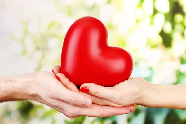 Red heart in woman and man hands, on green background — Stock Photo, Image