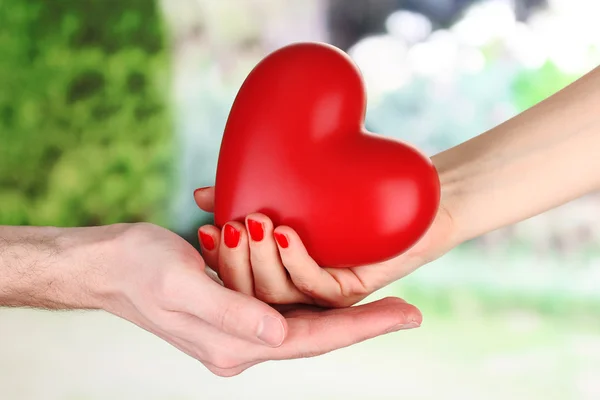 Corazón rojo en manos de hombre y mujer, sobre fondo verde —  Fotos de Stock