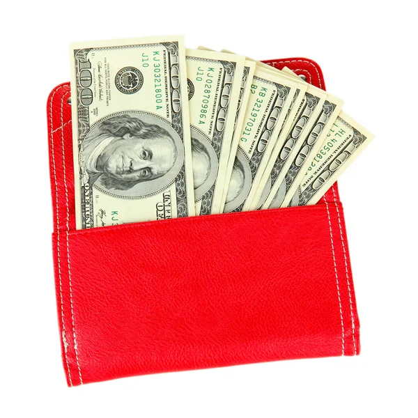 Purse with hundred dollar banknotes, isolated on white — Stock Photo, Image