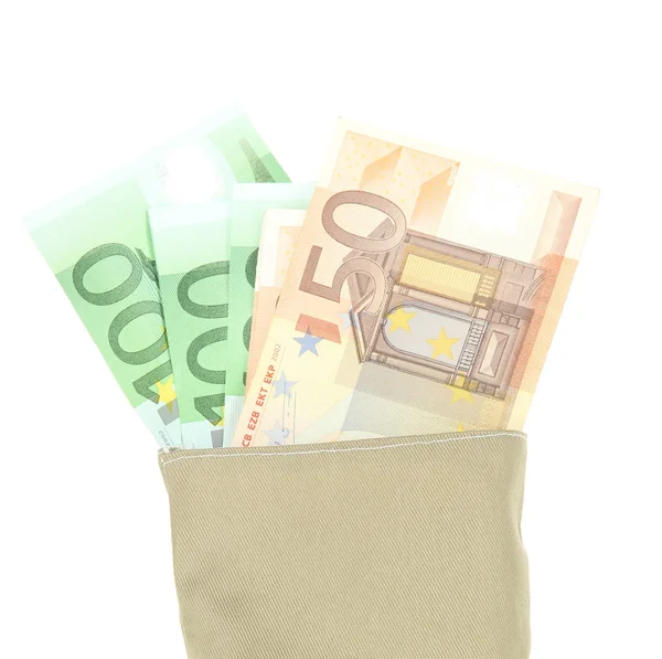 Bag of money with different euro banknotes isolated on white — Stock Photo, Image