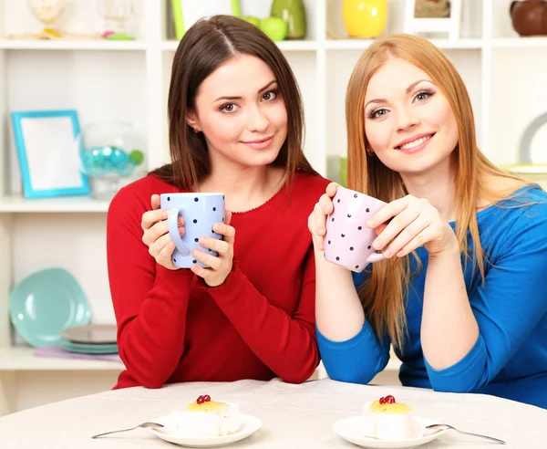 Zwei Freundinnen reden und trinken Tee in der Küche — Stockfoto
