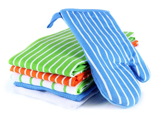 Blue potholder and stack of kitchen towels isolated on white — Stock Photo, Image